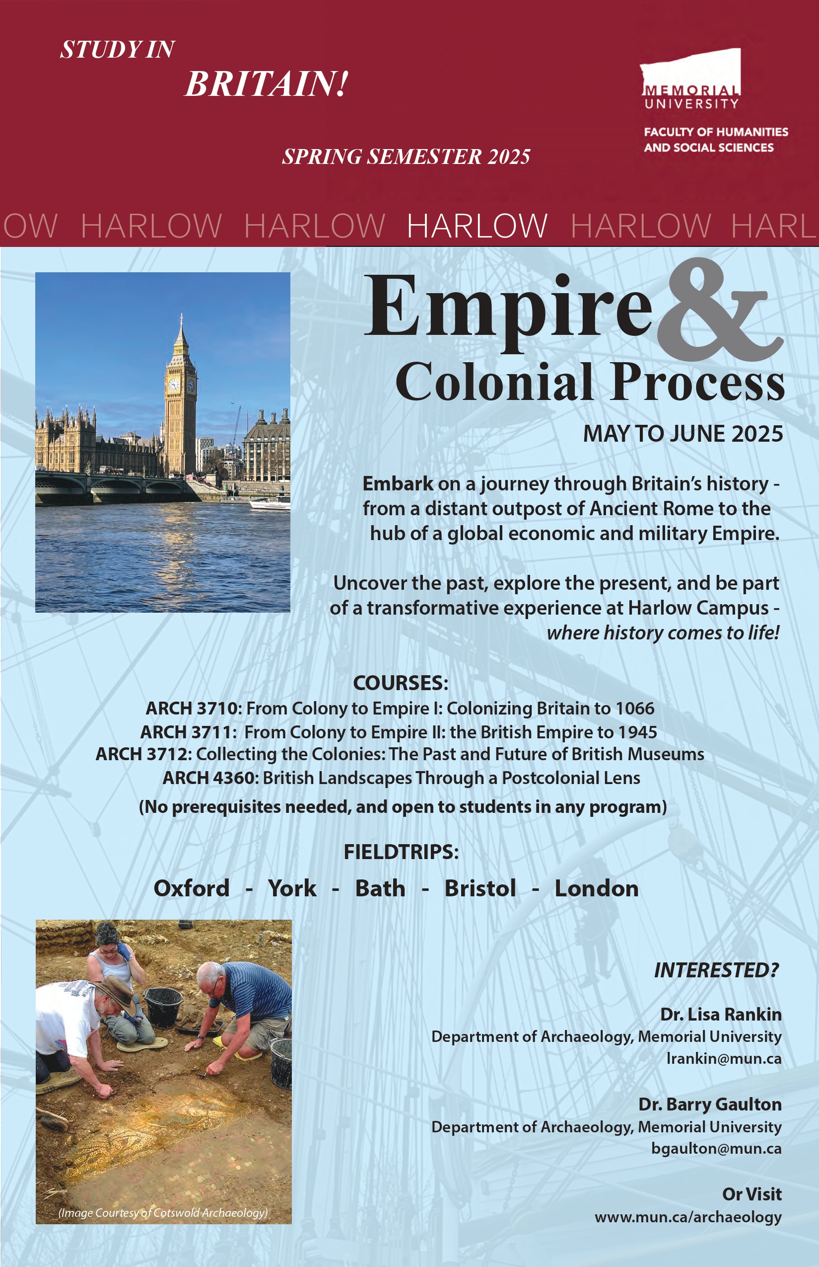 Poster describing a study abroad opportunity for Spring 2025 at Harlow Campus titled Empire & Colonial Process